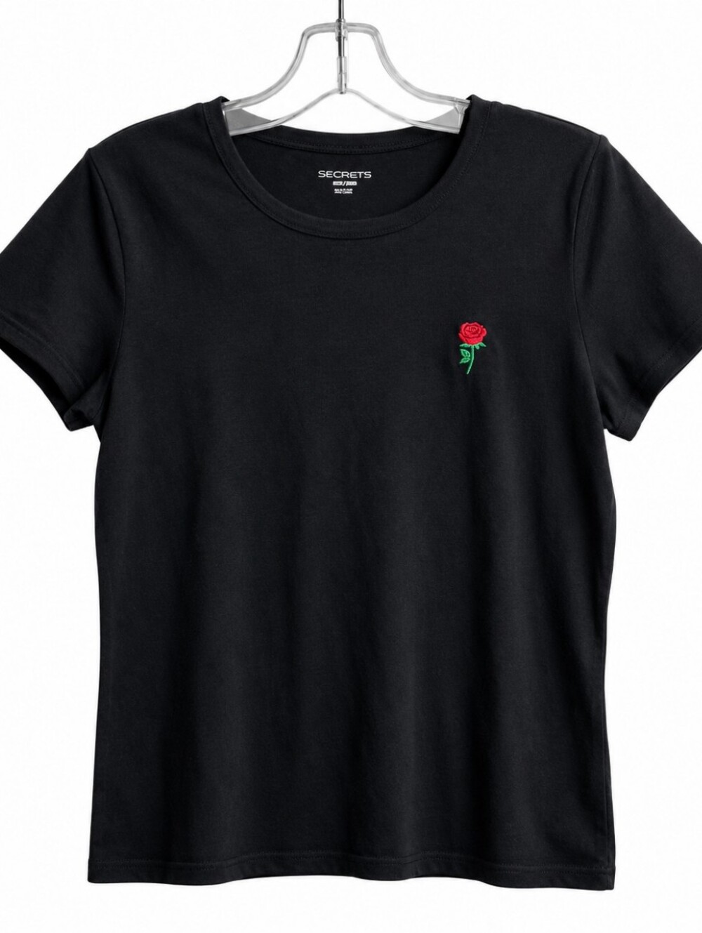 Segments Women’s Black Rose Embroidered T-Shirt Size Medium Minimalist Aesthetic